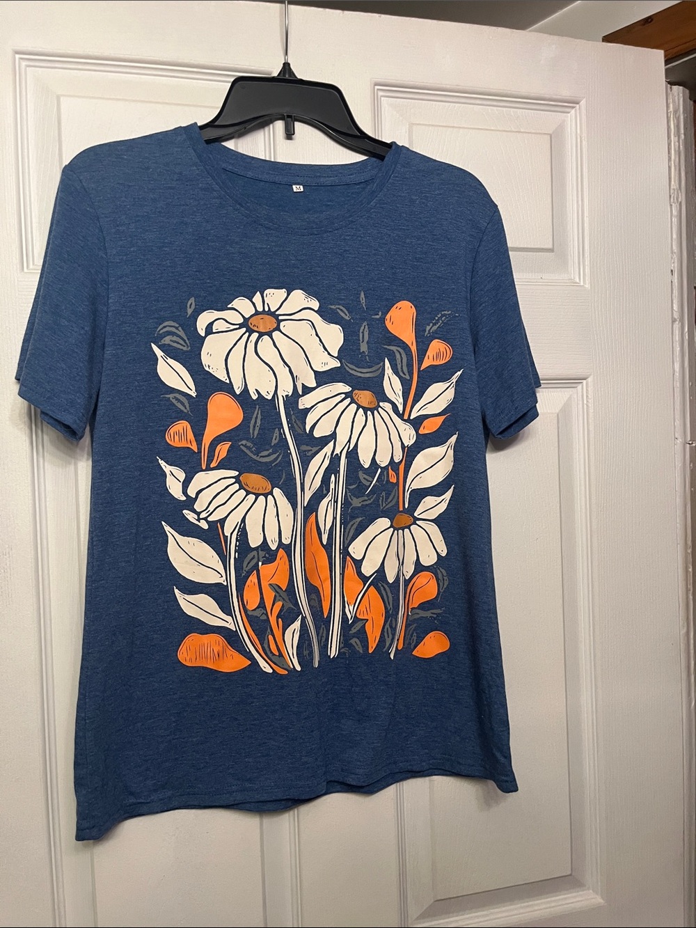 Blue Floral Graphic Tee with White and Orange Blooms
